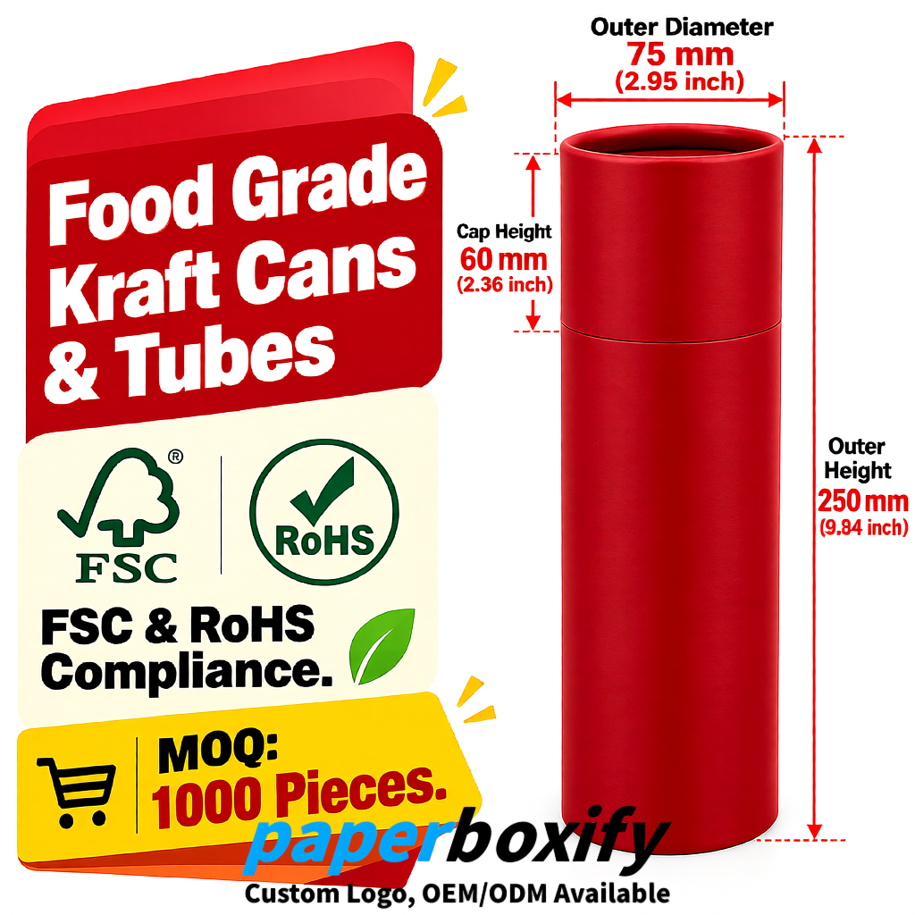 Scarlet 75x75x130/250/350/450mm Kraft Paper Cans & Tubes | FSC, ROHS Supplier
