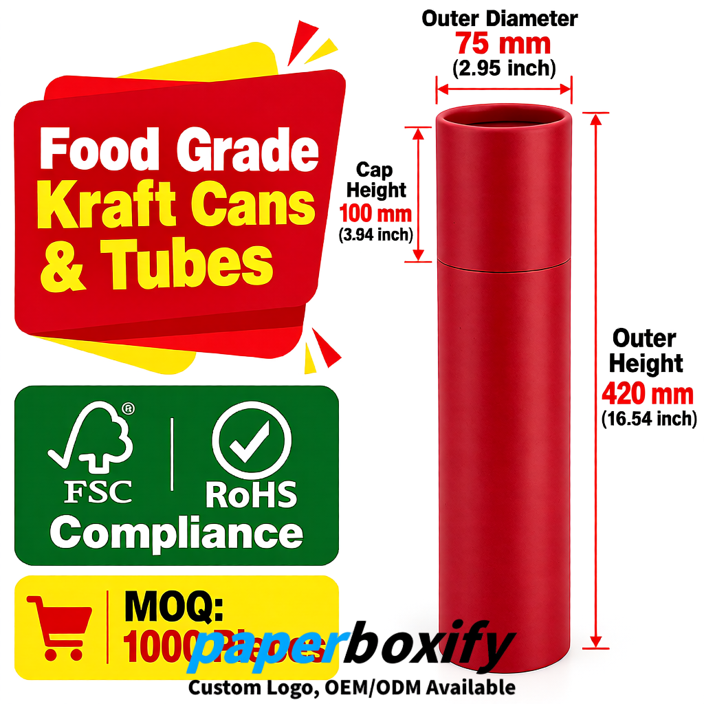 Scarlet 75x75x130/250/350/450mm Kraft Paper Cans & Tubes | FSC, ROHS Supplier