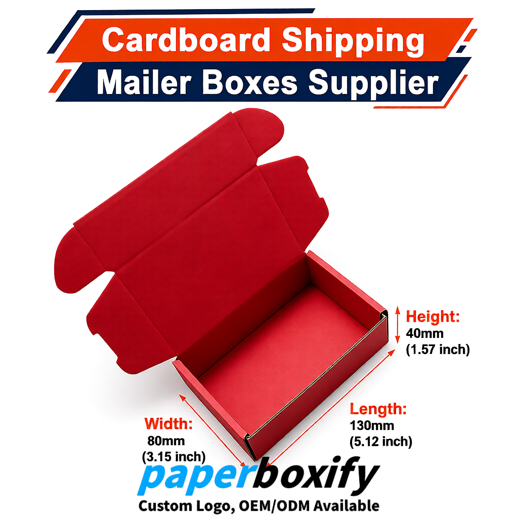 Scarlet Self-Locking Cardboard Mailer Boxes 120x110x35, 120x120x40, 130x120x50, 130x80x25, 130x80x40mm