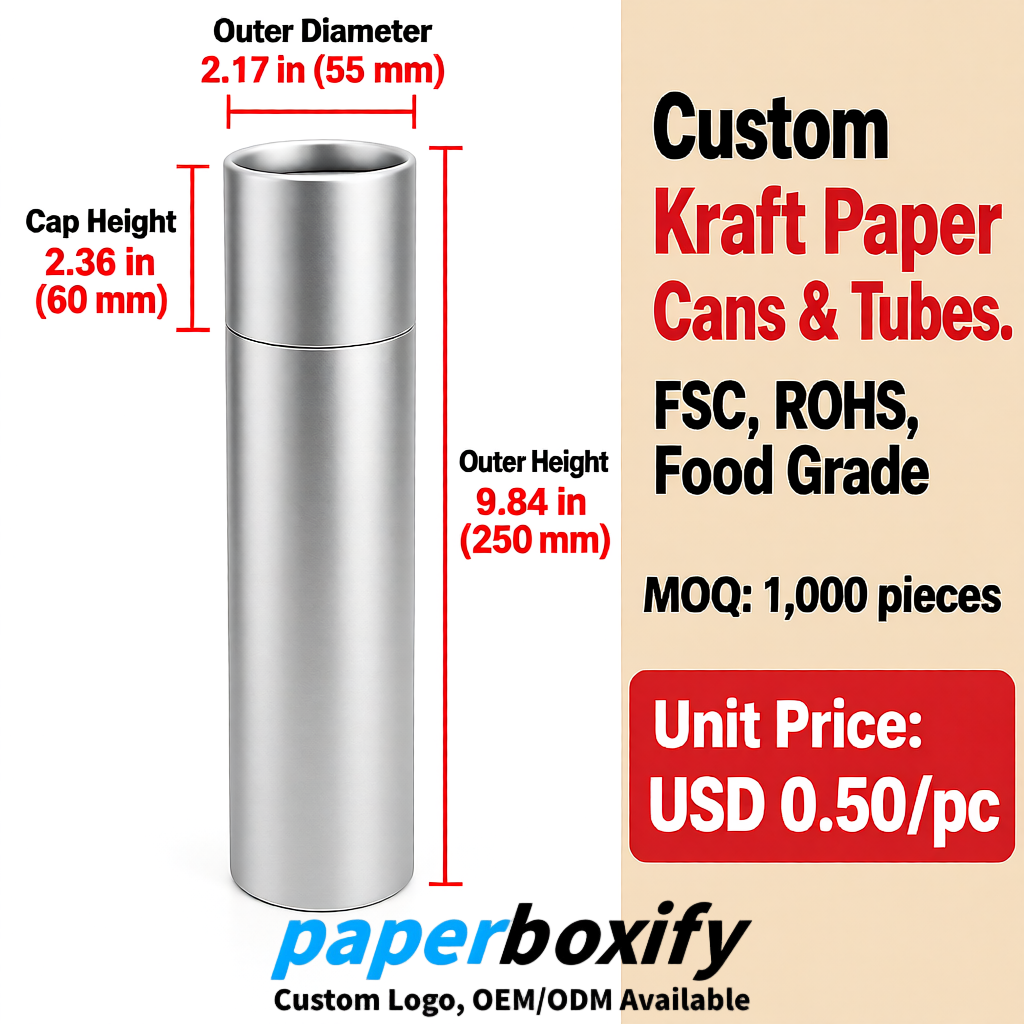 Silver Food Grade Kraft Paper Cans & Tubes | FSC, ROHS Certified OEM Factory Silver Food Grade Kraft Paper Cans & Tubes | FSC, ROHS Certified OEM Factory