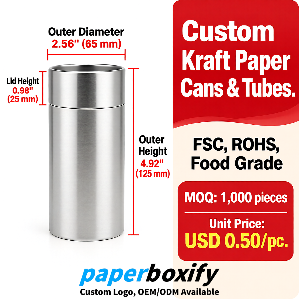 Silver Food Grade Kraft Paper Cans & Tubes | FSC, ROHS Certified OEM Factory