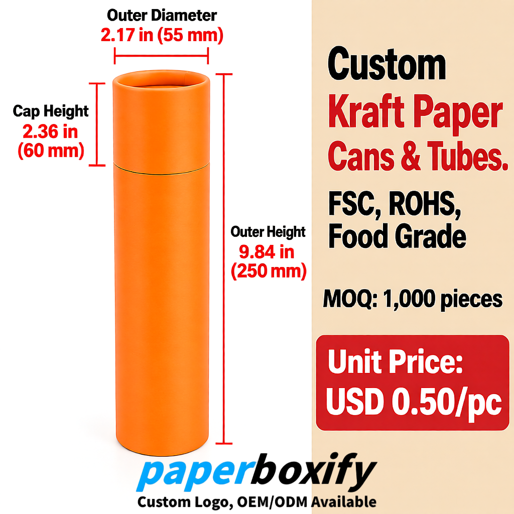 Tangerine Food Grade Kraft Paper Cans & Tubes | FSC, ROHS Certified OEM Factory
