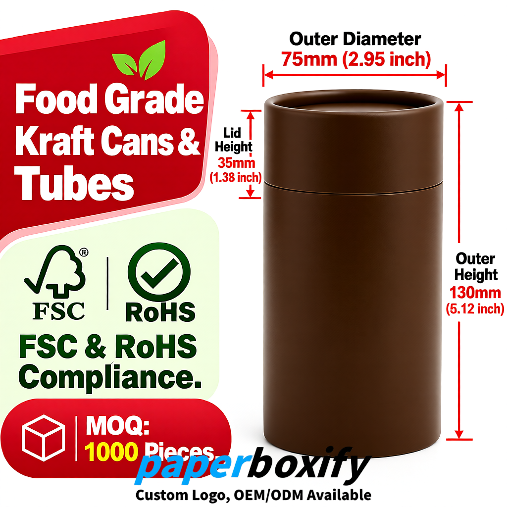 Umber 75x75x130/250/350/450mm Kraft Paper Cans & Tubes | FSC, ROHS Supplier