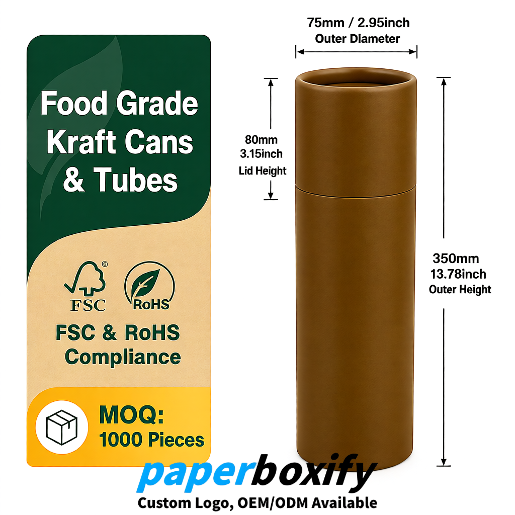 Umber 75x75x130/250/350/450mm Kraft Paper Cans & Tubes | FSC, ROHS Supplier