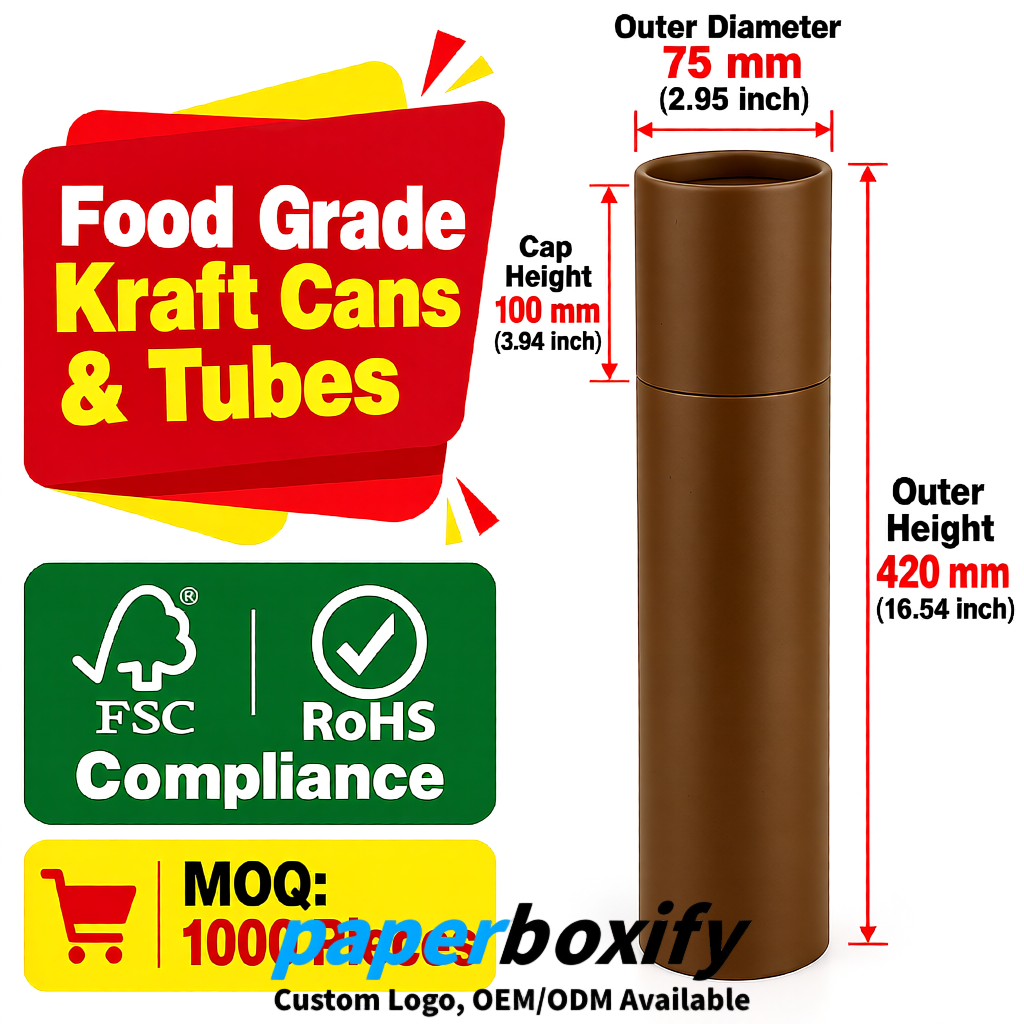 Umber 75x75x130/250/350/450mm Kraft Paper Cans & Tubes | FSC, ROHS Supplier