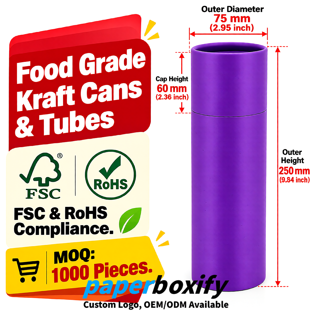 Violet 75x75x130/250/350/450mm Kraft Paper Cans & Tubes | FSC, ROHS Supplier