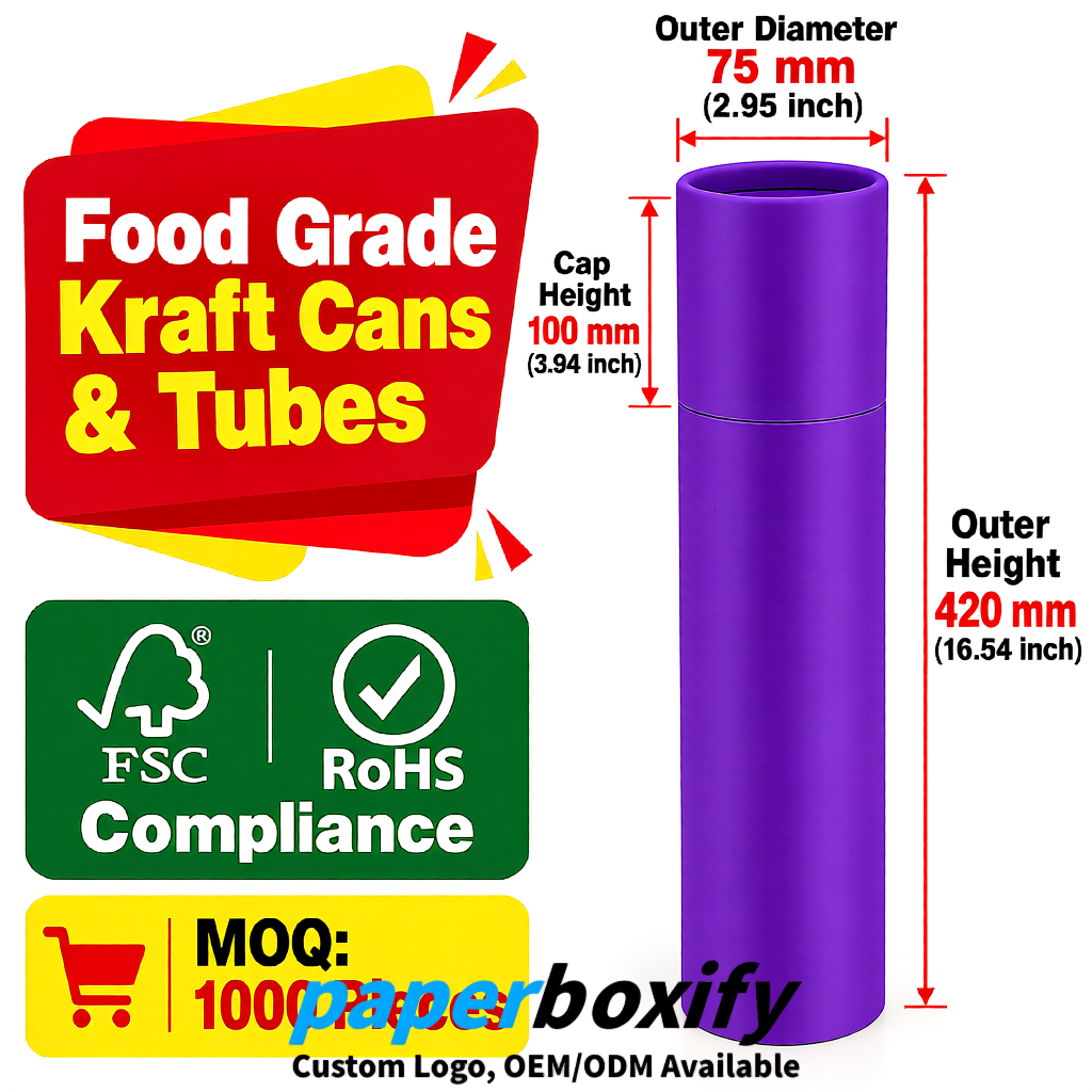 Violet 75x75x130/250/350/450mm Kraft Paper Cans & Tubes | FSC, ROHS Supplier