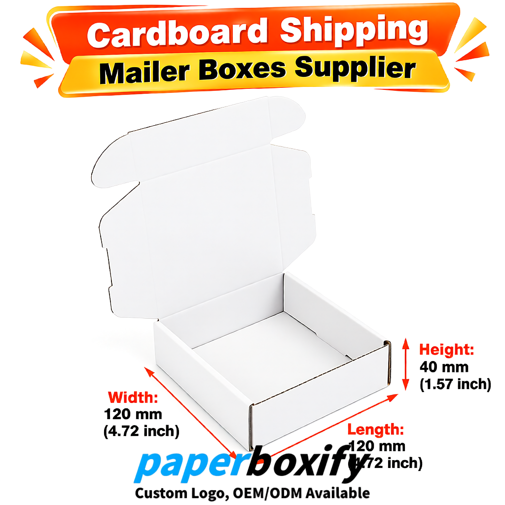 White Self-Locking Cardboard Mailer Boxes 120x110x35, 120x120x40, 130x120x50, 130x80x25, 130x80x40mm
