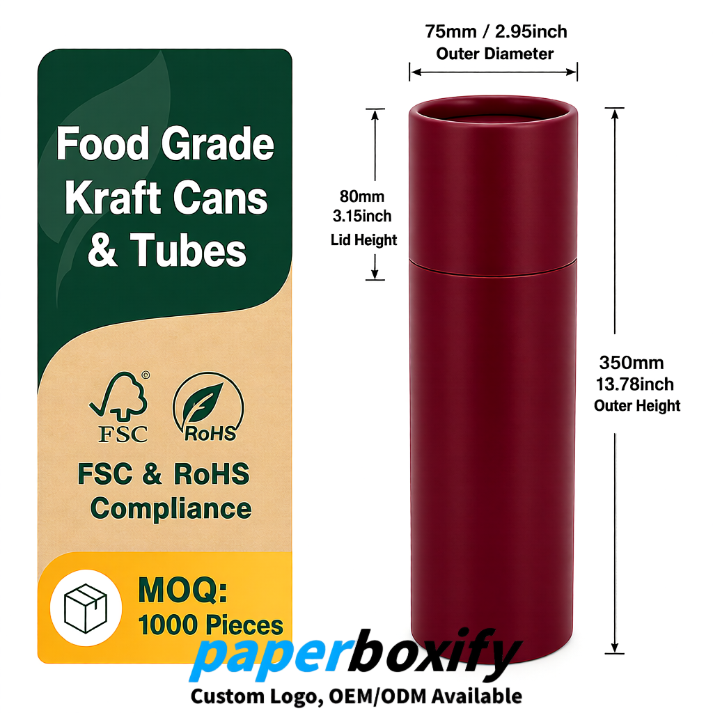 Wine Red 75x75x130/250/350/450mm Kraft Paper Cans & Tubes | FSC, ROHS Supplier