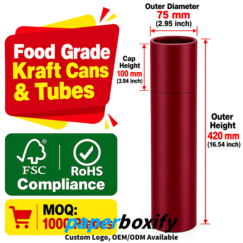 Wine Red 75x75x130/250/350/450mm Kraft Paper Cans & Tubes | FSC, ROHS Supplier