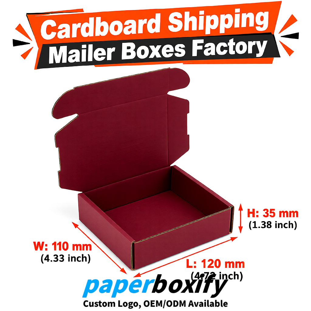 Wine Red Self-Locking Cardboard Mailer Boxes 120x110x35, 120x120x40, 130x120x50, 130x80x25, 130x80x40mm