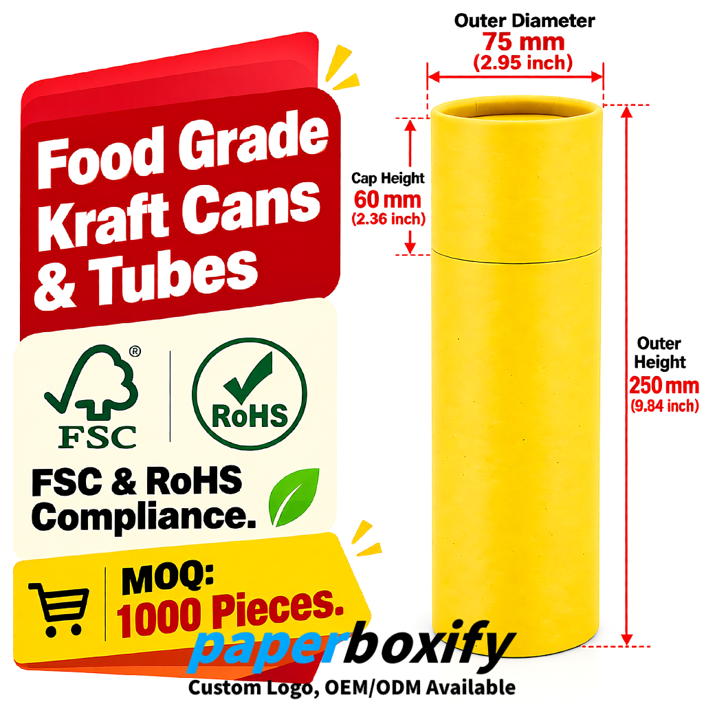 Yellow 75x75x130/250/350/450mm Kraft Paper Cans & Tubes | FSC, ROHS Supplier