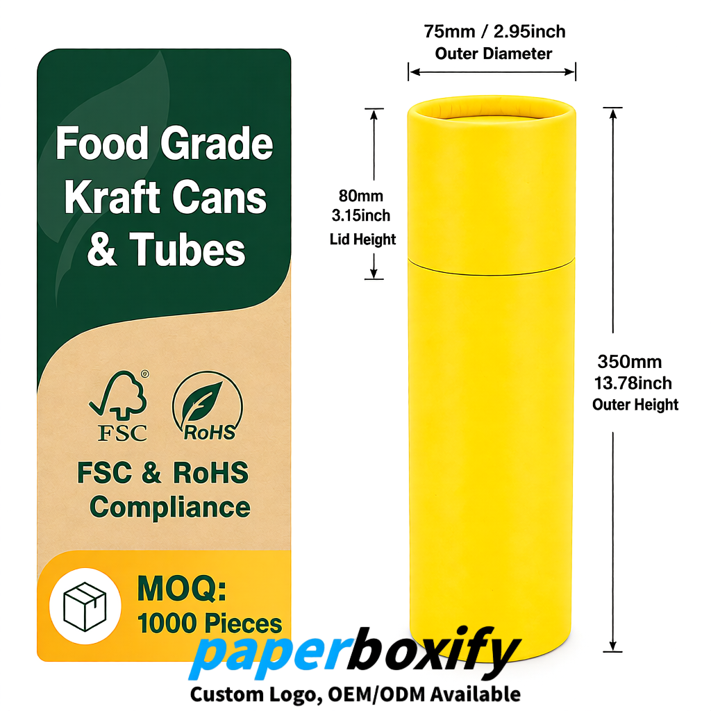 Yellow 75x75x130/250/350/450mm Kraft Paper Cans & Tubes | FSC, ROHS Supplier Yellow 75x75x130/250/350/450mm Kraft Paper Cans & Tubes | FSC, ROHS Supplier