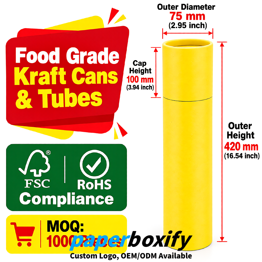 Yellow 75x75x130/250/350/450mm Kraft Paper Cans & Tubes | FSC, ROHS Supplier