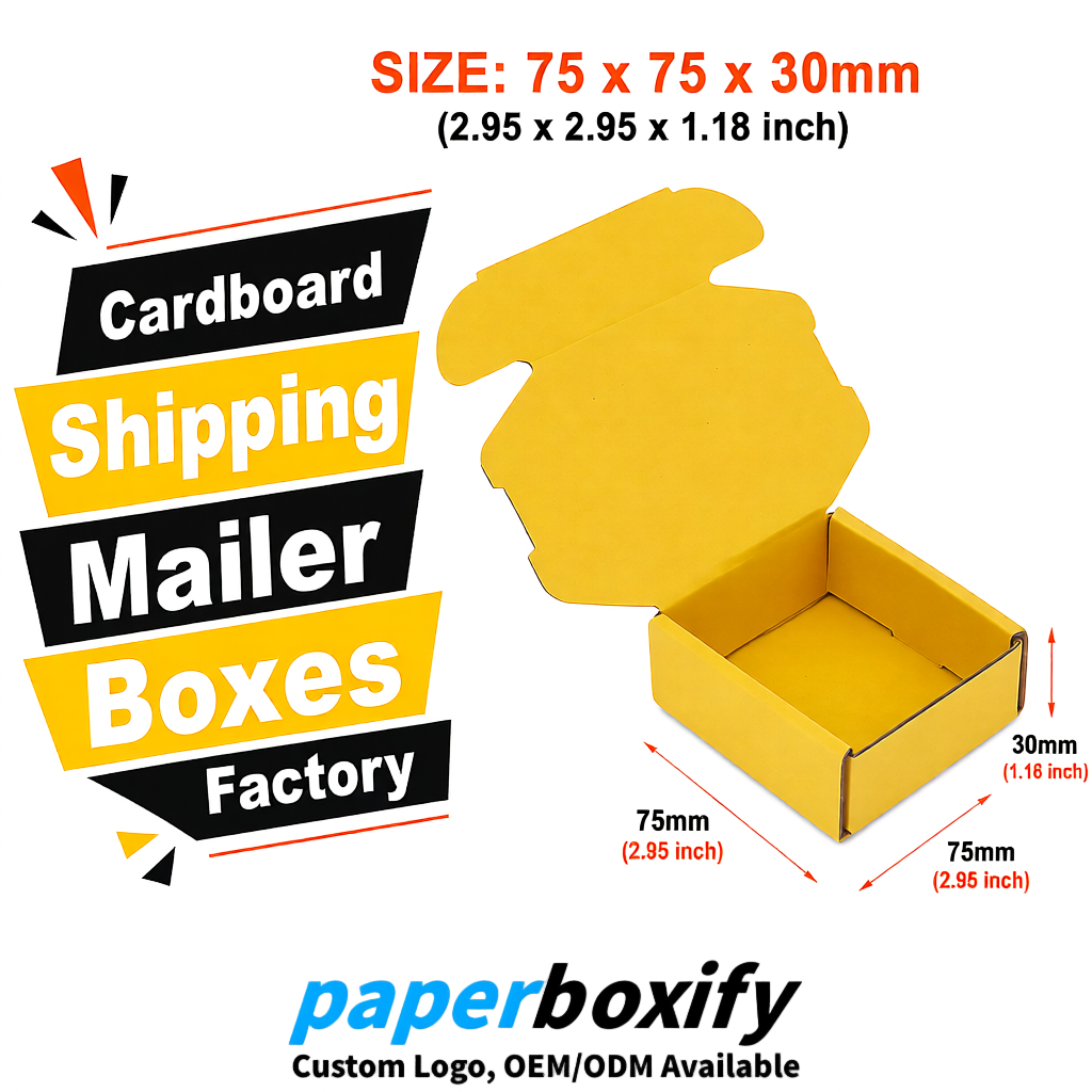 Yellow Cardboard Shipping Mailer Boxes 75x75x30, 100x100x40, 110x100x60, 100x60x40, 90x70x30mm