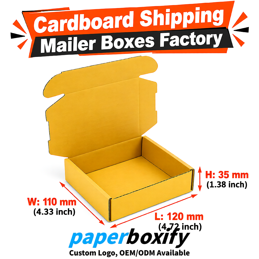 Yellow Self-Locking Cardboard Mailer Boxes 120x110x35, 120x120x40, 130x120x50, 130x80x25, 130x80x40mm