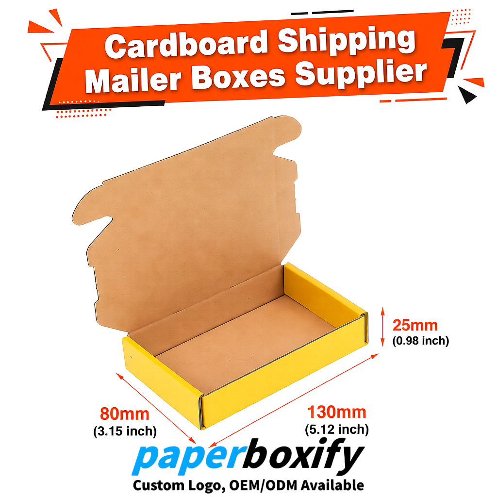 Yellow Self-Locking Cardboard Mailer Boxes 120x110x35, 120x120x40, 130x120x50, 130x80x25, 130x80x40mm