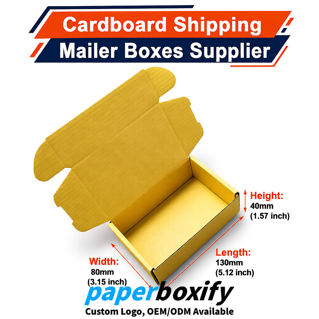 Yellow Self-Locking Cardboard Mailer Boxes 120x110x35, 120x120x40, 130x120x50, 130x80x25, 130x80x40mm